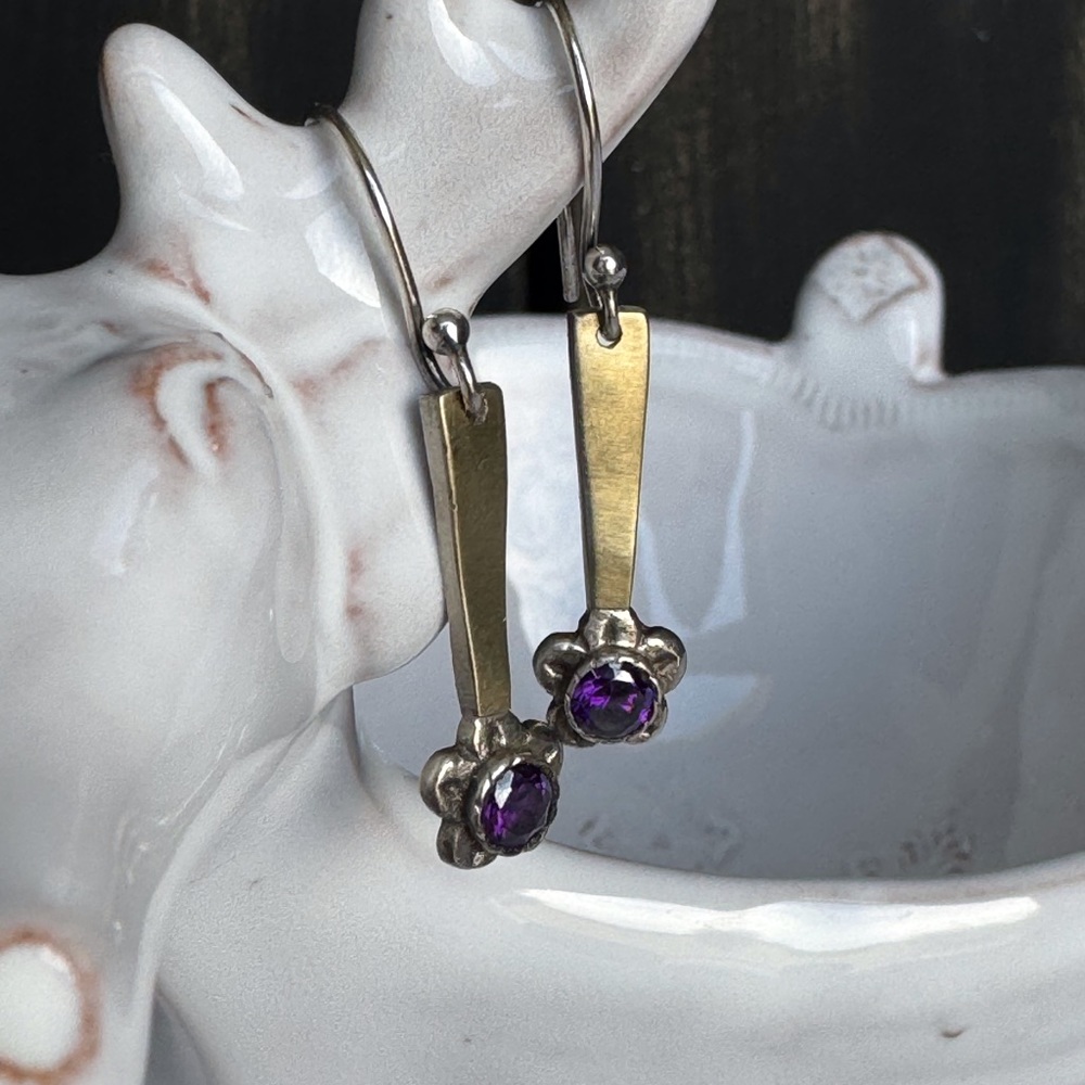 Handmade Purple Zircon Mixed Metal Dangle Earrings